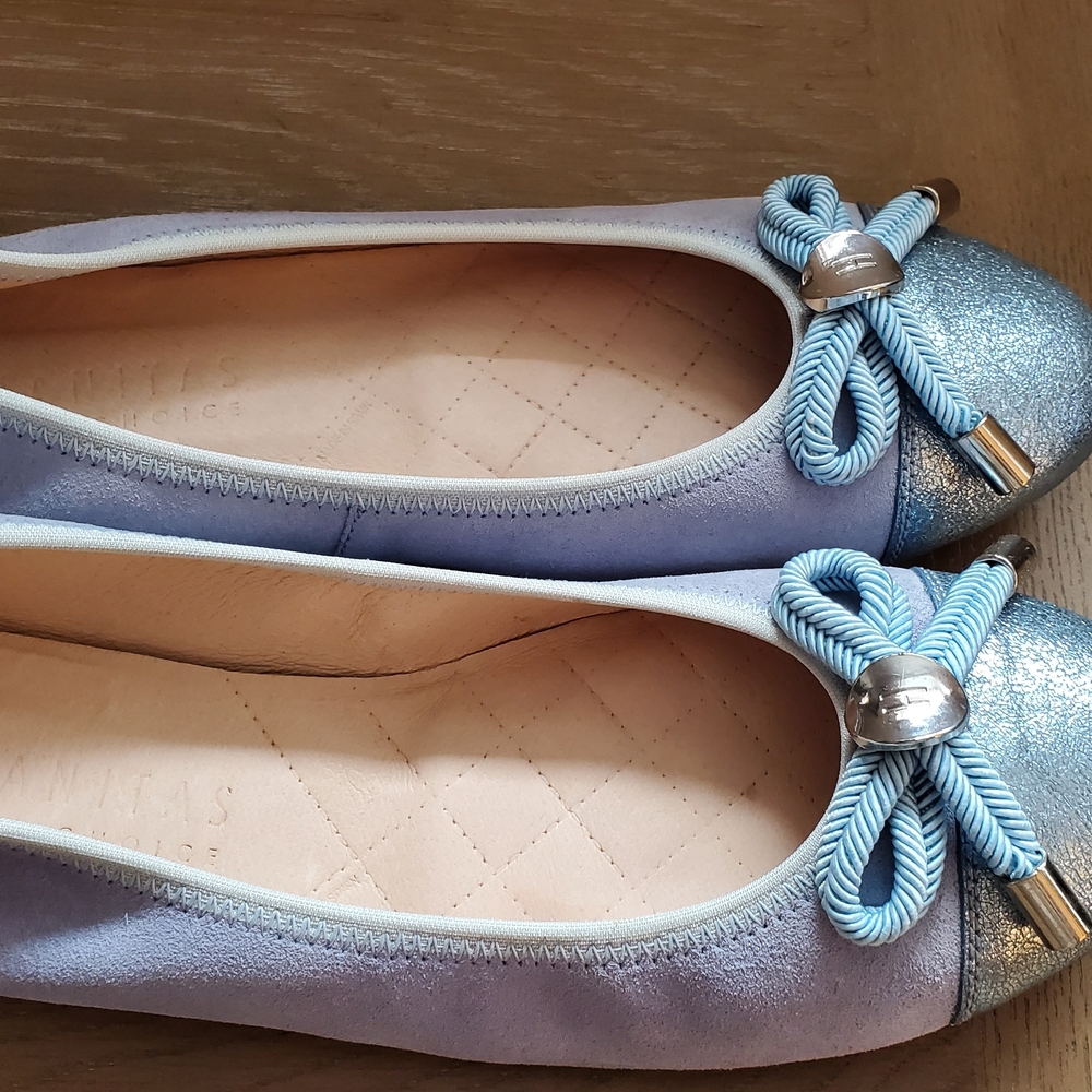 Ballerina Leather Flats - Suede, Periwinkle Blue With Silver Bow - Made In Spain - Picture 6 of 15